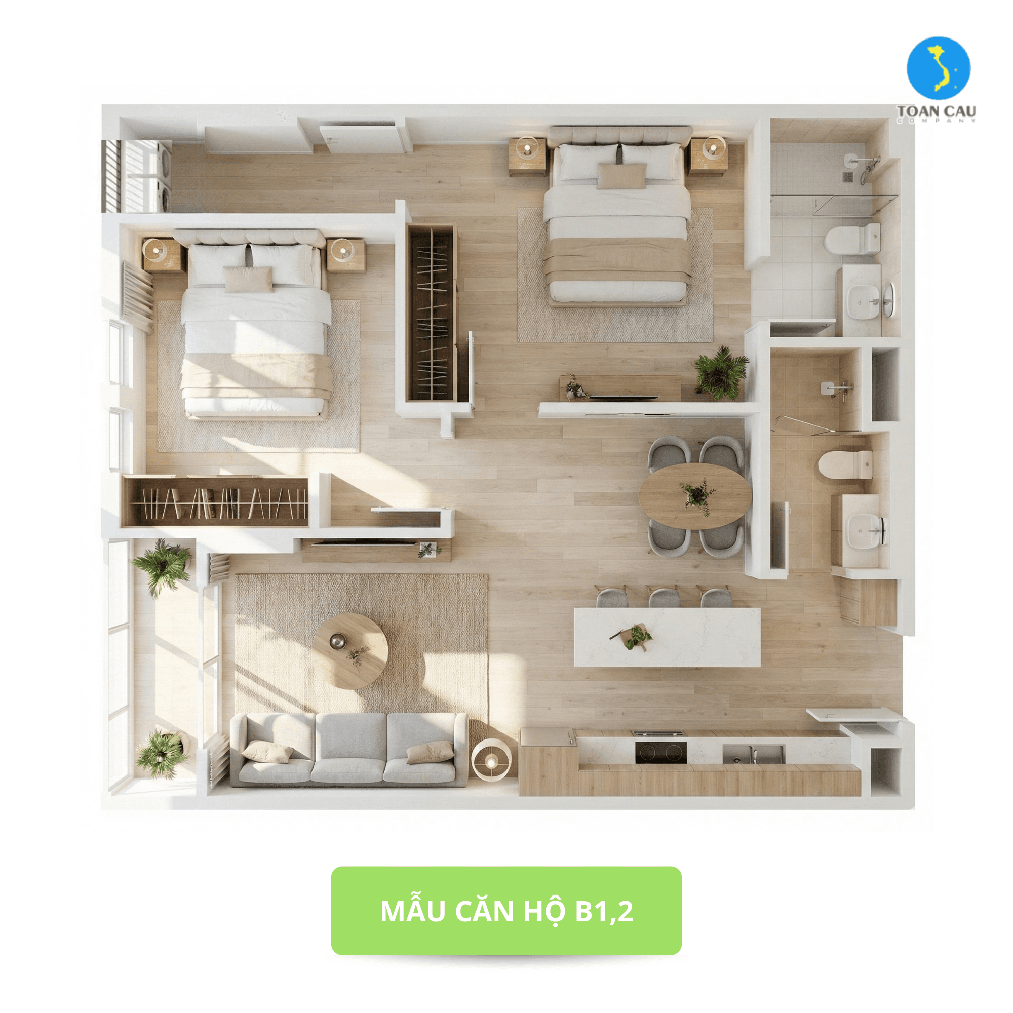 Mặt bằng mẫu căn B1 — NOXH Lộc Ninh 1